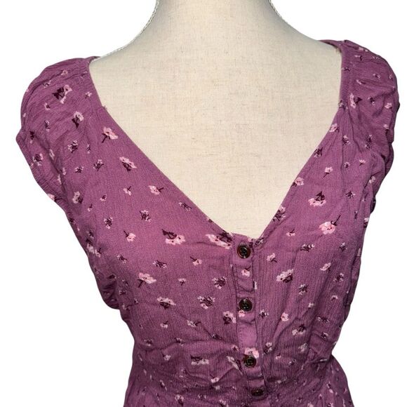 Moral Fiber Mauve Floral Short Sleeve V Neck Button Down Peplum Blouse size L - Picture 7 of 11